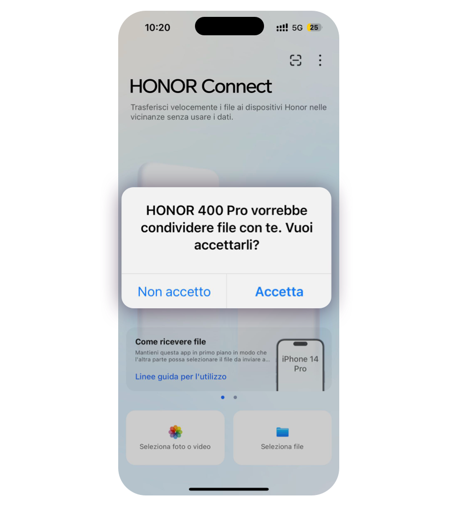 A questo punto, segui le istruzioni sul dispositivo iOS per concedere l'autorizzazione a connettersi al telefono HONOR e a trasferire i file.