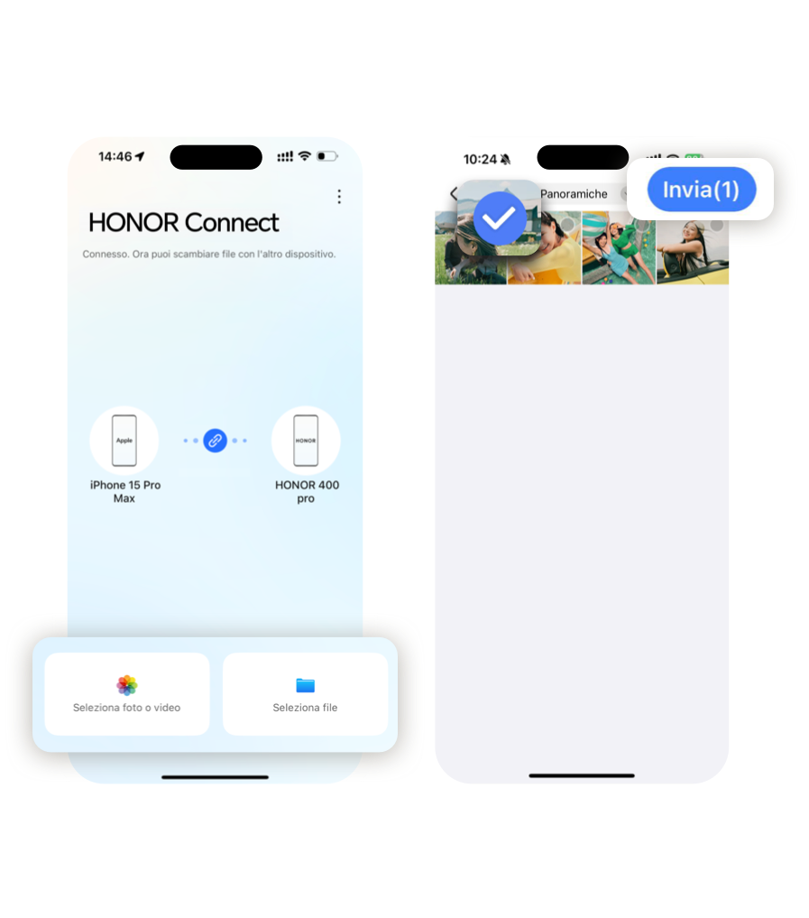 Sul tuo dispositivo iOS, apri HONOR Connect, seleziona le foto, i video o i file che desideri inviare e tocca il pulsante Invia per aprire l’interfaccia di trasferimento.