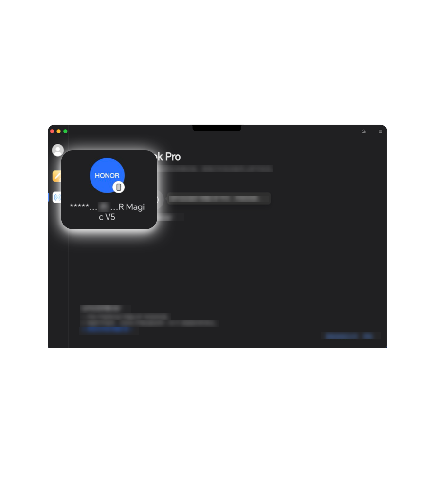 Sul tuo Mac, apri HONOR WorkStation > HONOR Share, quindi segui le istruzioni visualizzate sullo schermo per scansionare e rilevare il tuo telefono HONOR.